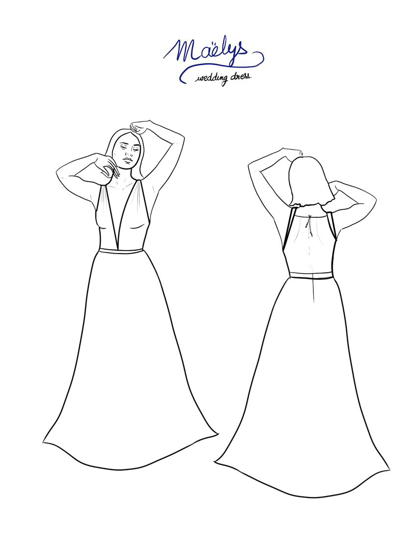 Première esquisse, finalement nous avons descendue l’ouverture du dos en pointe vers les fesses et sans ficelle pour maintenir les bretelles